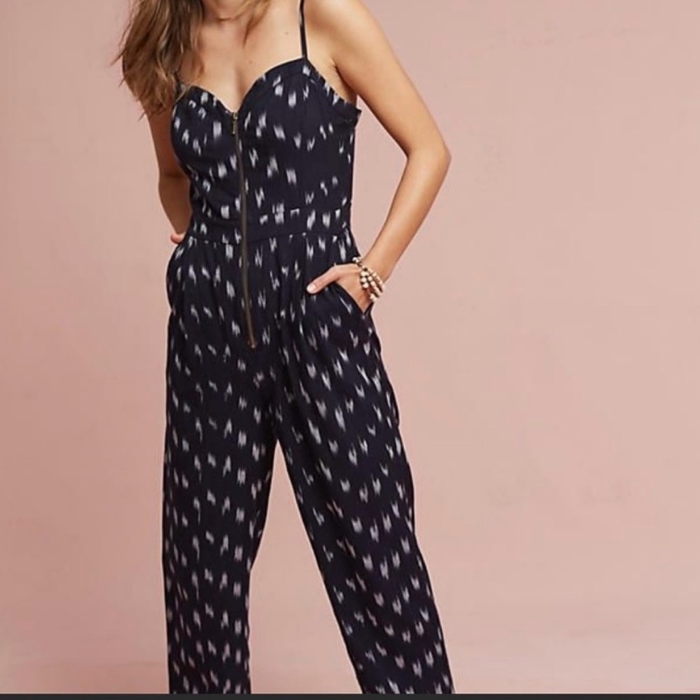 Anthropologie Elevenses Womens Blue Ikat-Zip Front Jumpsuit Size 4 Elegance